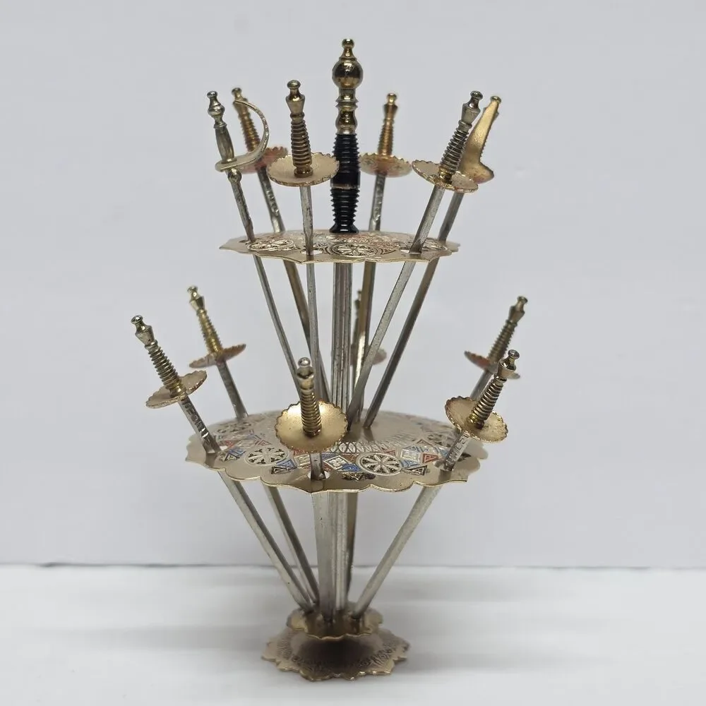 VTG MCM TOLEDO Cocktail Picks Barware Mini Swords Set Of 12 Spain 2-tire Holder
